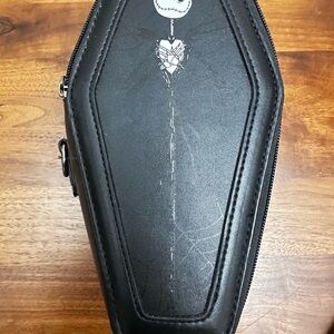 Black Coffin-Shaped Bag with Silver Zipper and Gothic Charm